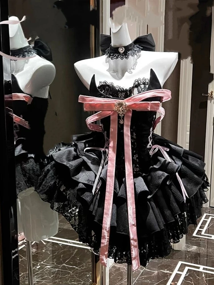 

Летние готические платья с кружевом и бантом для женщин: черные, розовые, в стиле сладкого готика, без бретелек, с корсетом и оборками, для вечеринок, дней рождения, в стиле принцессы