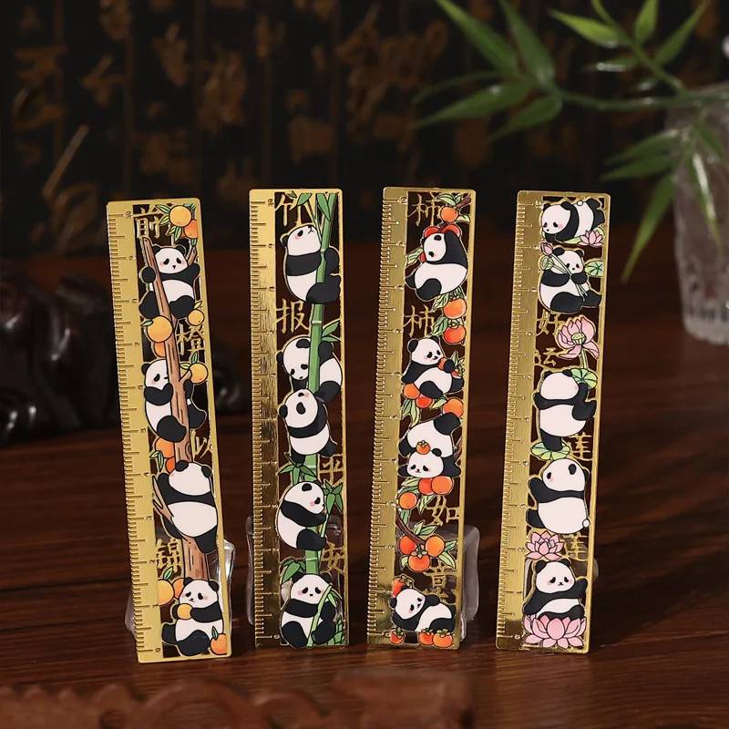 Chinese Panda  Brass Bookmark Ruler, Panda Bamboo Hollow Metal Straight Ruler Student Office Stationery, Creative Good Luck Gift