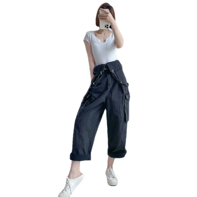 Jumpsuit Denim celana kargo wanita, jumpsuit pinggang tinggi, celana kargo Amerika, pakaian jalanan, kaus hipster pribadi remaja, pakaian cuci saku besar murni