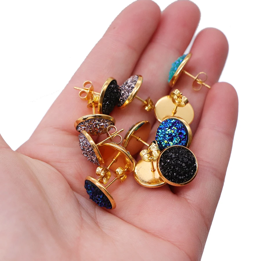 6pair/lot Glitter Round Stud Earrings Gold Color Stainless Steel Jewelry for Women Colorful Resin Druzy Drusy Ear Studs Earrings