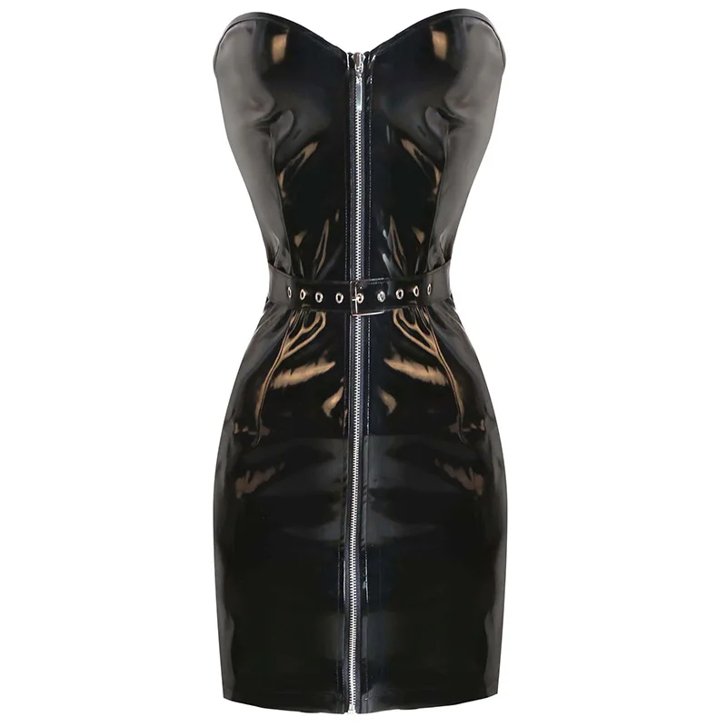 فستان جلدي لامع مثير لعيد الهالوين بتصميم أنبوبي مع سحاب وتنورة قصيرة وأكمام طويلة وياقة عالية بأسلوب عملي وقماش شبكي