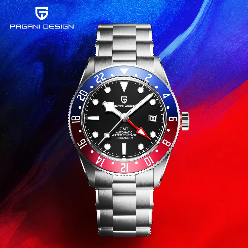 PAGANI DESIGN Watches Red And Blue Color Matching Automatic Mechanical Watch For Men Sapphire Crystal Waterproof Stainless Steel