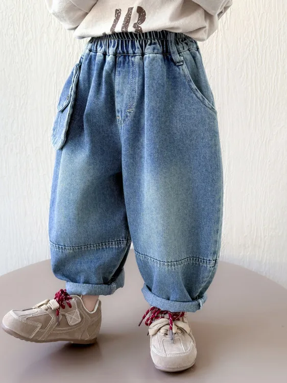 

Весенние модные джинсы для девочек, свободные брюки с широкими штанинами, детская одежда в корейском стиле, уличная одежда, весенне-осенние детские брюки