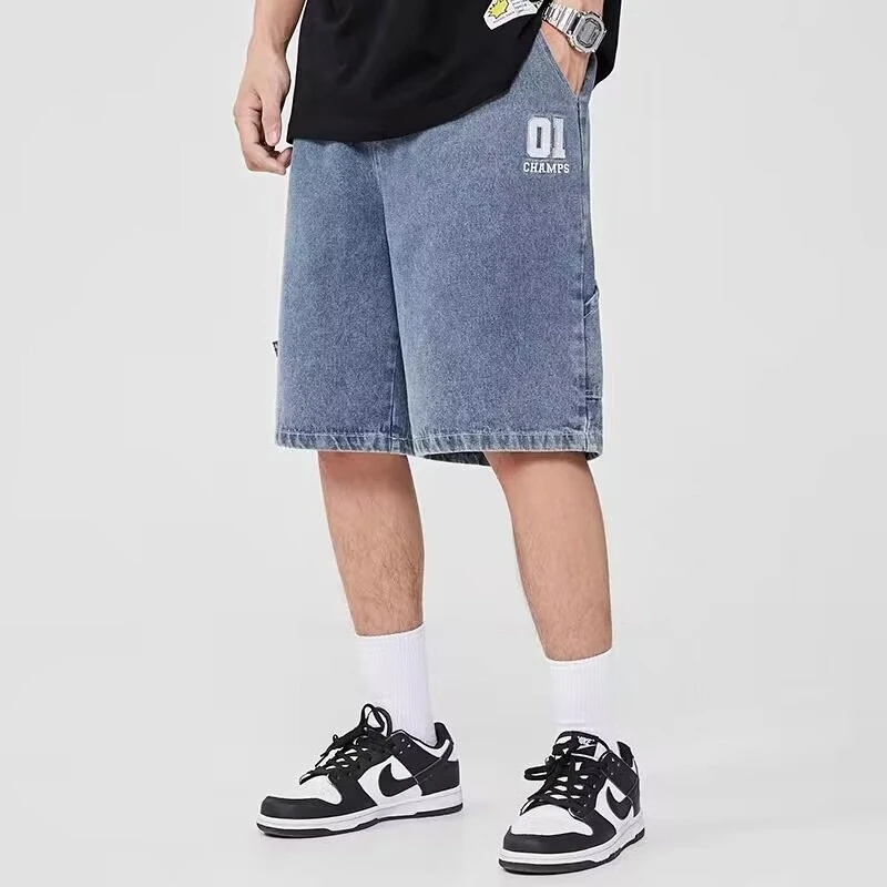 Men's Summer Denim Shorts Slim Fit Straight Leg Cargo Shorts Vintage Washed Casual Workwear 5 Inch Inseam Streetwear