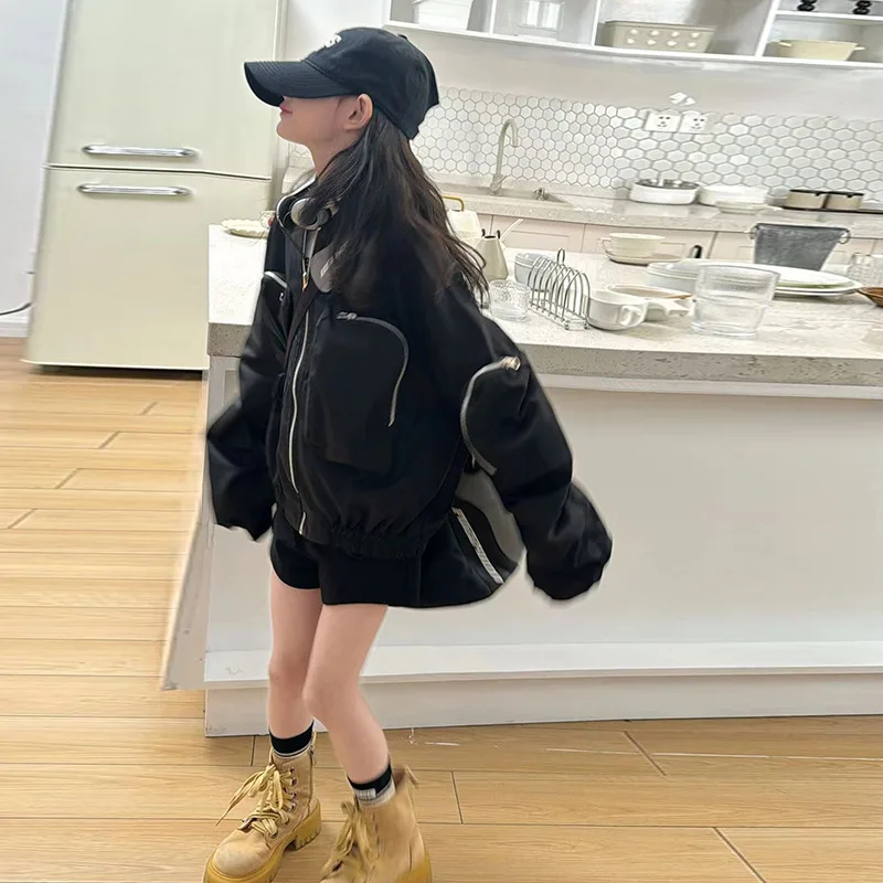 Girls Coat Spring and Autumn Coat 2024 New Fashion Girl Korean Casual Foreign Three-dimensional Cargo Black Jacket Fashion