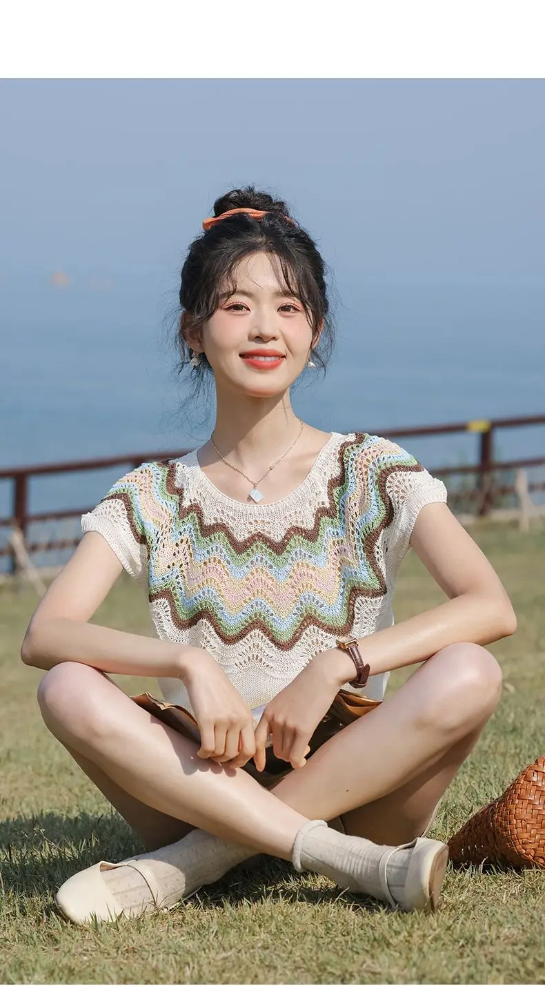 سترة فرنسية مجوفة حلوة للنساء مع بلوزة صغيرة رفيعة وفضفاضة