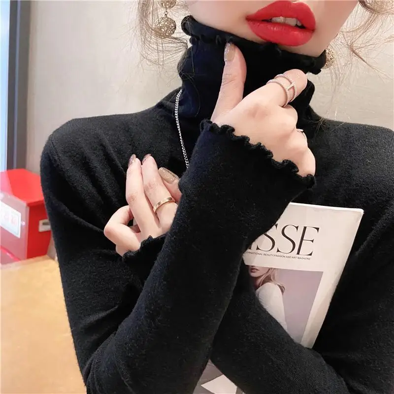 Autumn Winter New Women\'s Elegant Versatile Pile Collar Sweaters Western Style Fungus Edge Knitted Slim Fashion Long Sleeve Top