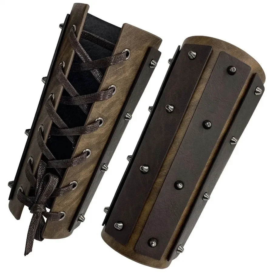 Acessórios de cosplay: braçadeiras de couro sintético estilo medieval, com cordões, para homens, inspiradas em armaduras, luvas de cavaleiro viking e pirata, e protetores de pulso.