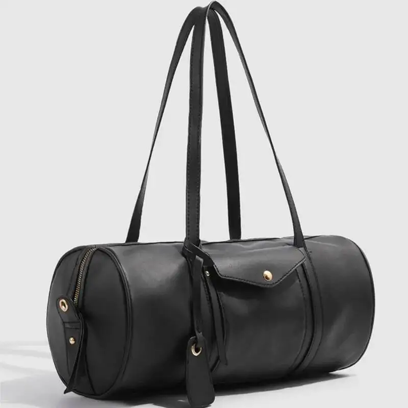 Retro Black Shoulder For Women Zip Cylinder Leather Large Capacity Handbag Ladies Fashion Simple Versatile Crossbody Bag New