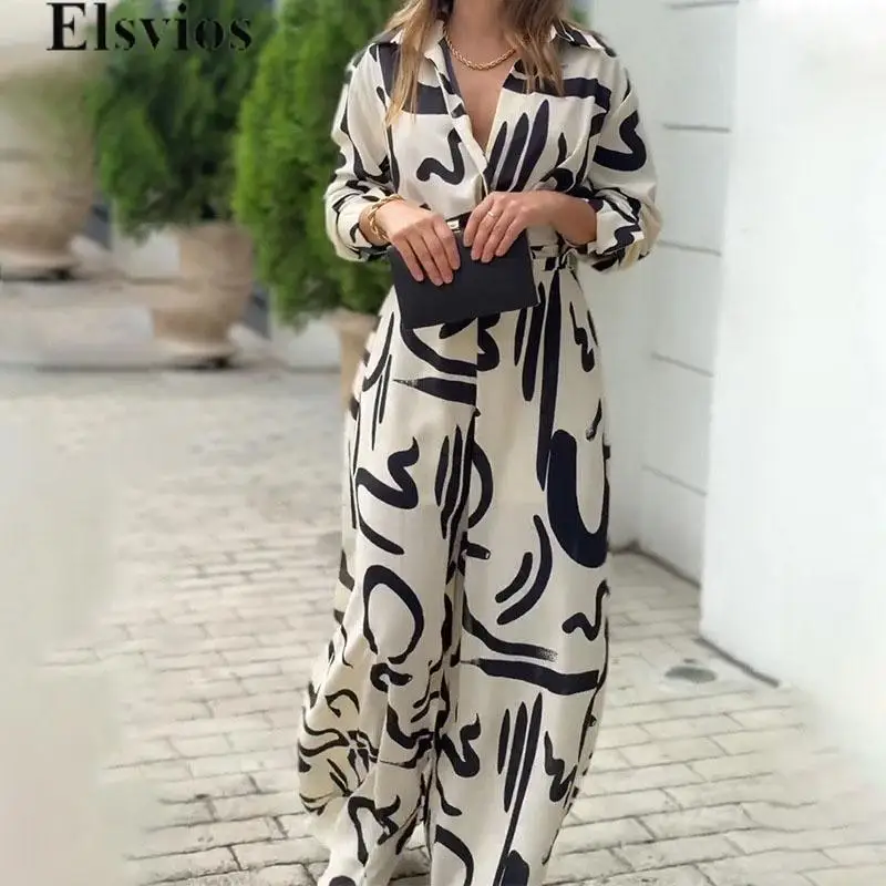 

Women Graphic Wide Leg Pants One Piece Spring Autumn Long Sleeve Tie-up Romper Ladies Turn Down Collar Office Long Jumpsuit 2024