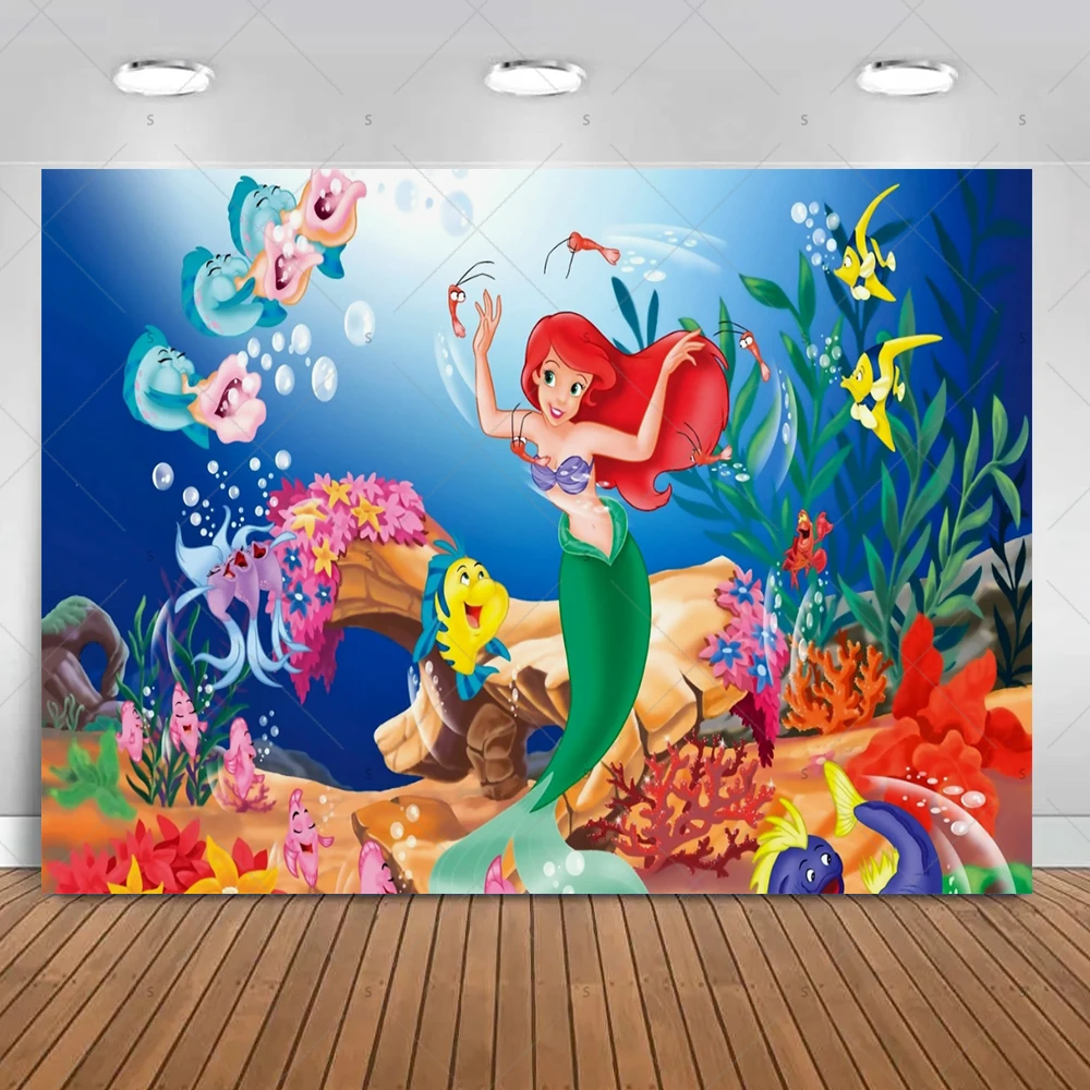 Disney Little Mermaid Ariel Theme Photography Backdrops Seaweed Children's Birthday Parties Photo Studio Background QA-11
