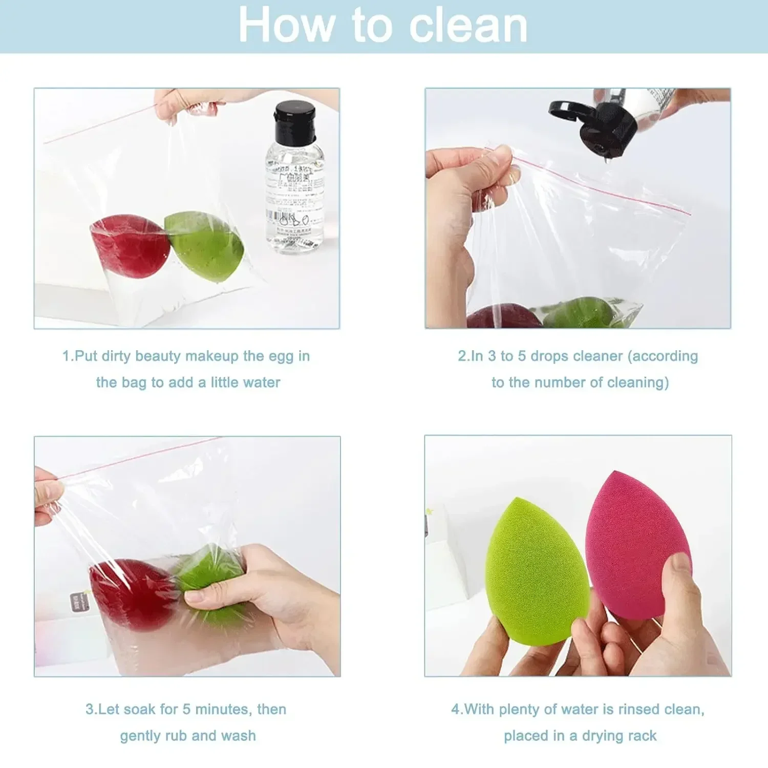 4-częściowe gąbki do makijażu w opakowaniu (Beauty Blenders), suche i mokre, podwójnego zastosowania, blendery do podkładu i kremu