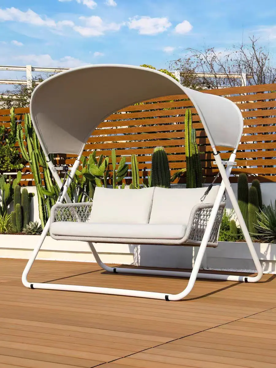 Modern double-seater aluminium garden swing chair with waterproof cushion and canopy, outdoor patio furniture