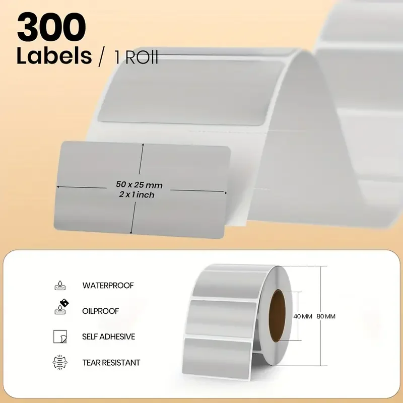 300 Stück silbrige Thermoetiketten aus Vinyl, 2,54 × 5,08 cm, selbstklebende, direkt bedruckbare Adressaufkleber aus Metall auf Rolle, wasserfest – Detail 3