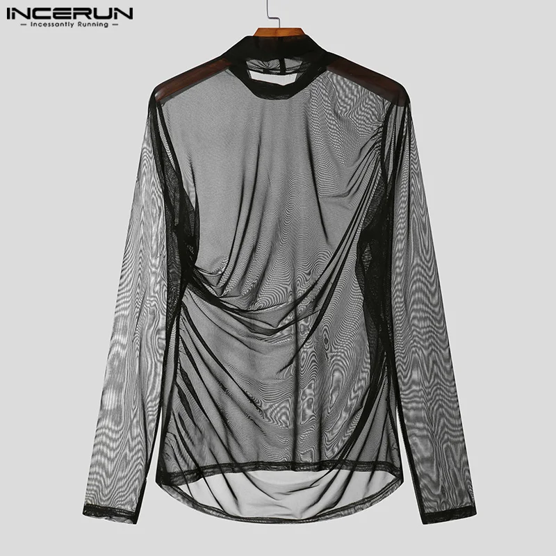 INCERUN-T-Shirt à Manches sulfet Col Haut pour Homme, Vêtement Élégant en Maille, Transparent, Simple, Bien Ajusté