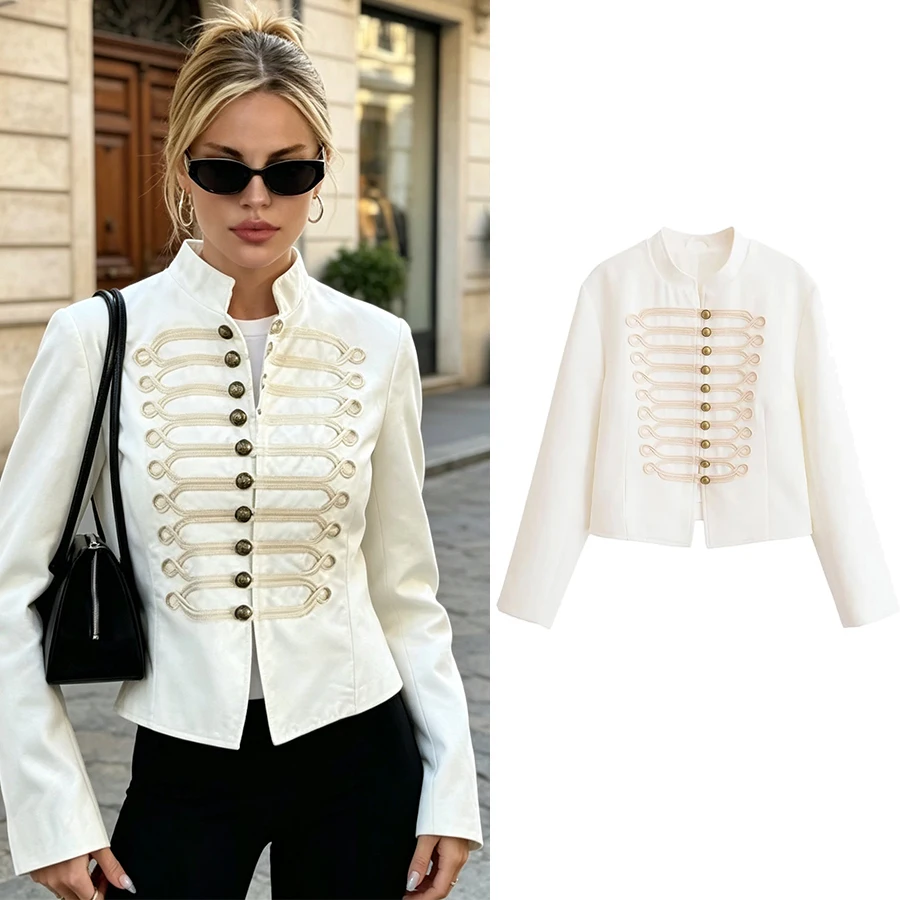 Women Vintage Blue Single Breasted Jackets Women 2026 Fall New Chic Causal Folds Sleeve Stand Collar Coats High Street Lady Top