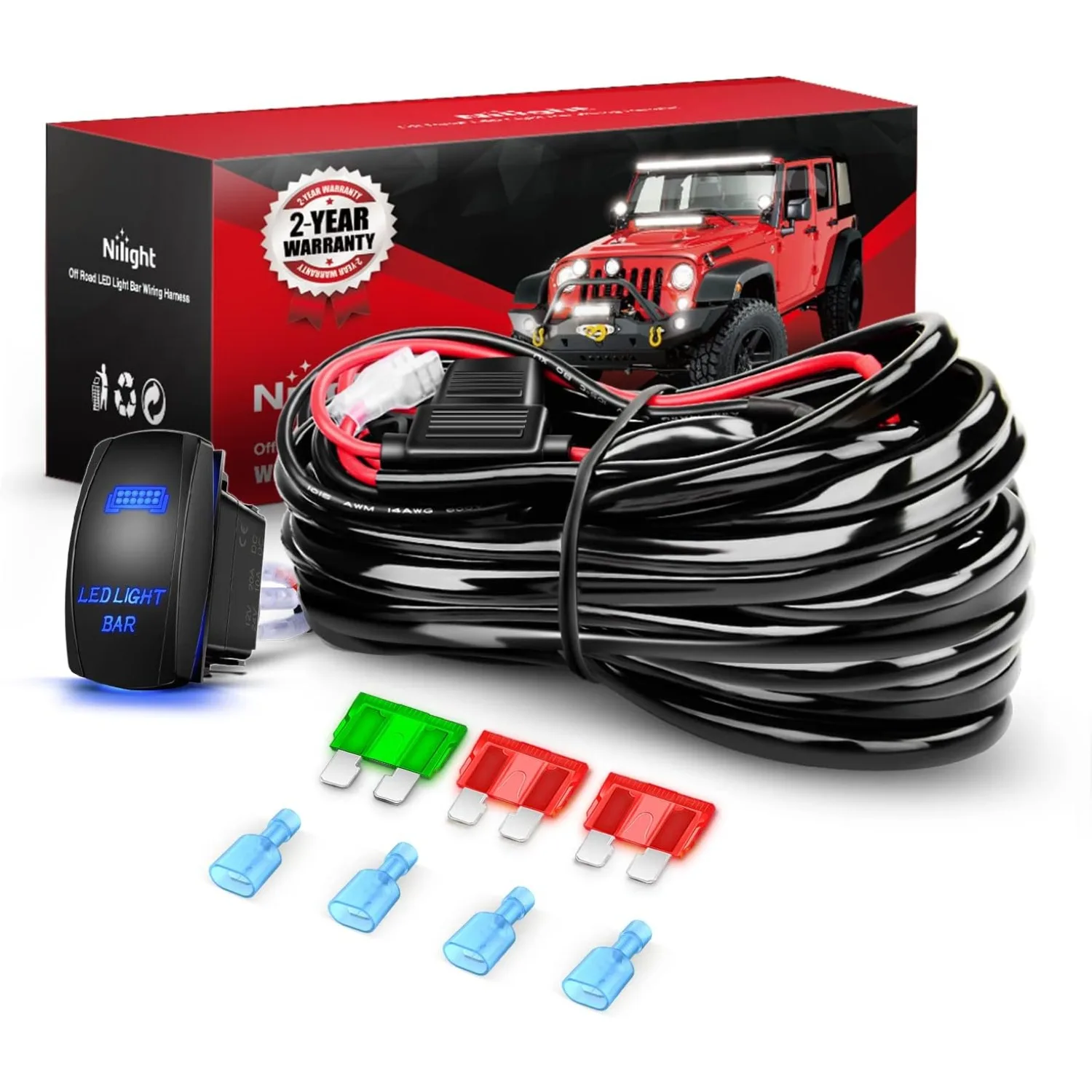 Nilight 12AWG Wiring Harness Kit 450W, Heavy Duty LED Light Bar Harness with 5Pin Laser Rocker Switch, Waterproof Relay & Fuse for 12V Offroad Truck