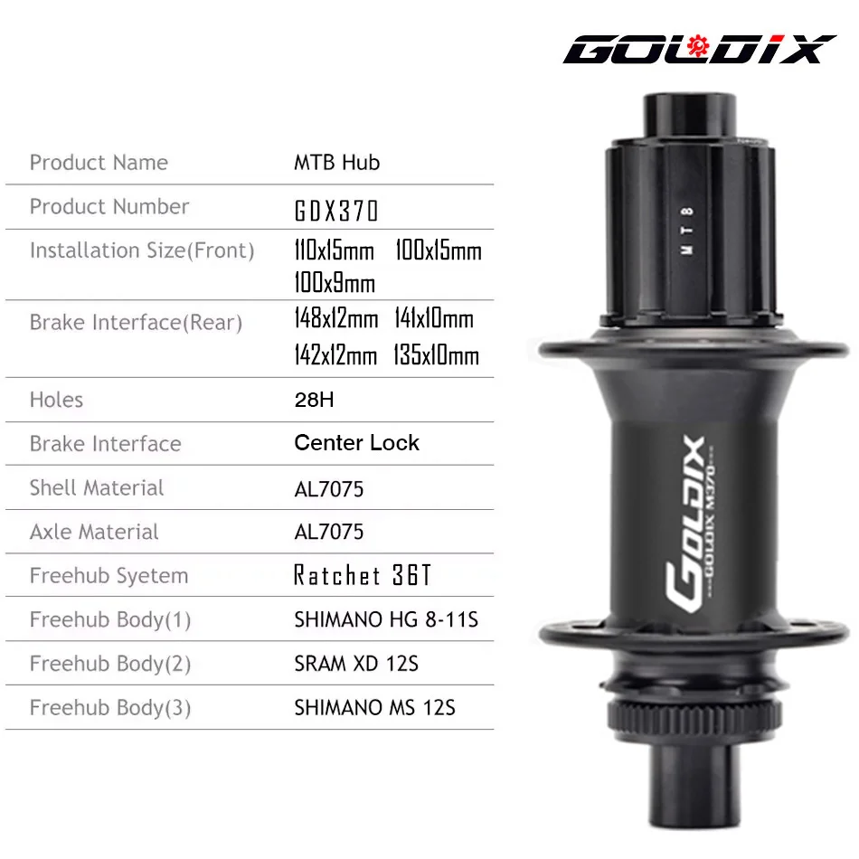 GOLDIX GDX370 Bicycle Hub Sealed Bearing Center Lock Disc Brake J-Bend 28 Holes Ratchet 36T BOOST MTB Hub for Shimano HG MS XD