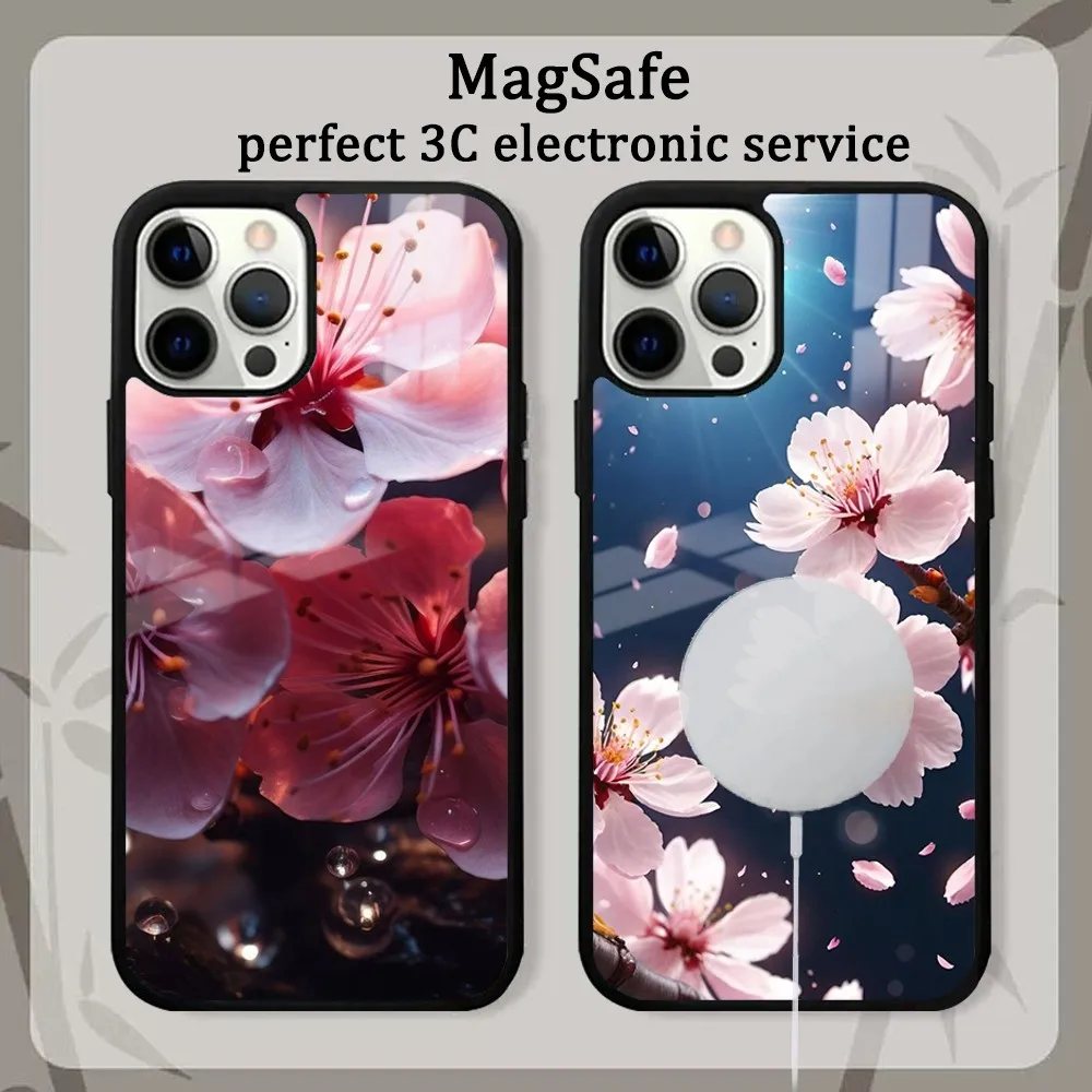 Pink Spring Cherry Blossoms For Phone Case For iPhone 15 14 13 12 11 Pro Max Plus Mini Mirror Magnetic Cover