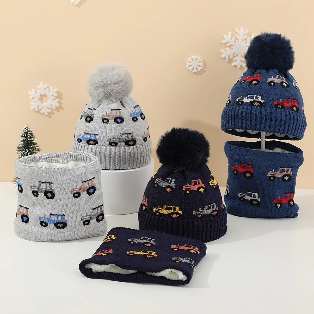 

Cute Car Pattern Knit Hat Scarf Set Fleece Lining Thickened Knitted Cap Scarf Ear Protection Windproof Boy Winter Hat