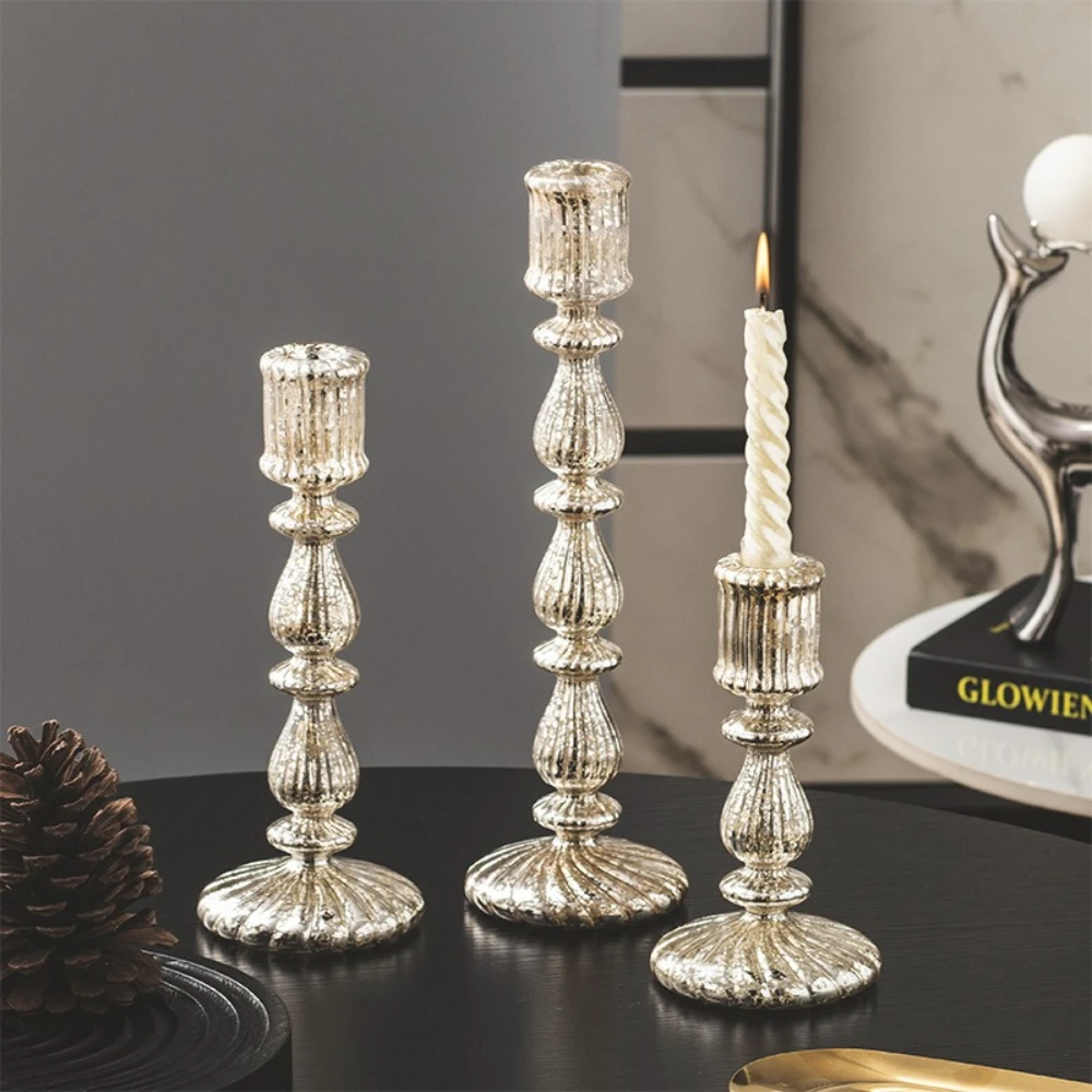 Luxury Mercury Glass Taper Candle Holder Vintage Candlestick Ornament Wedding Centerpieces Dining Table Home Decoration