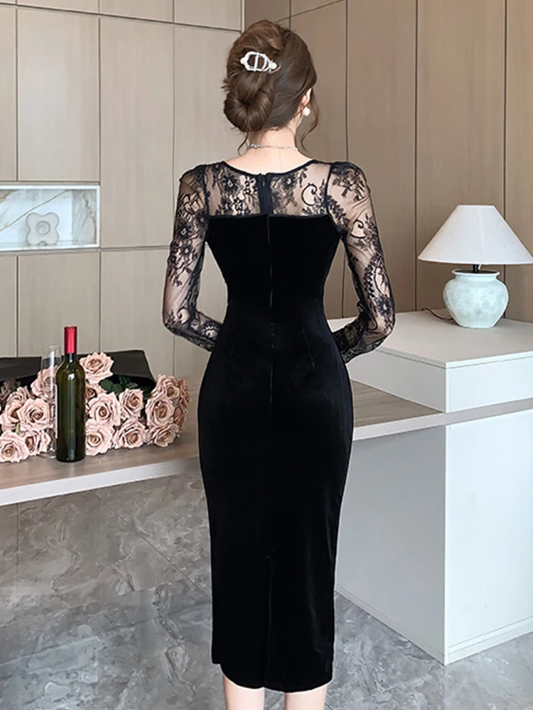 Fashion Lady Vintage Black Pencil Dress Women Clothes Elegant See Through Sexy Square Collar Slim Midi Party Prom Mujer Vestidos