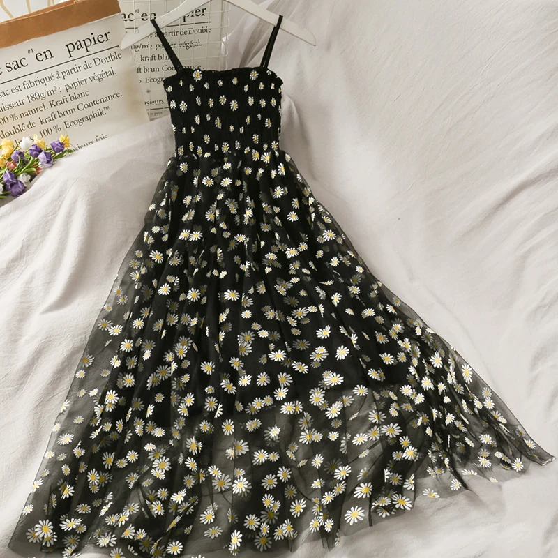 Vestido em malha com alça de espaguete, moda coreana, estampado com flores, 2 camadas doces, vestidos de férias, praia, verão