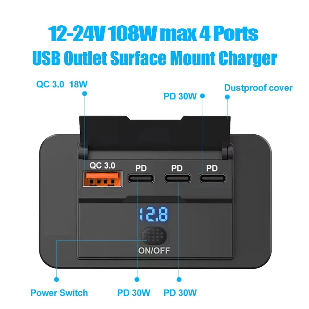 4 Ports PD+QC3.0 USB C Outlet Quick Charger Adapter Type C Phone Charger Socket Panel With Switch Voltmeter 12V-24V For Car Bus