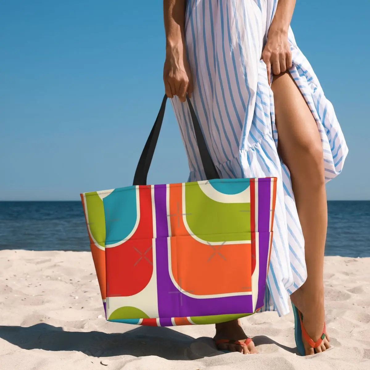 Borsa da viaggio da spiaggia con Design geometrico retrò, borsa a tracolla retrò di grande capacità con motivo Multi-stile