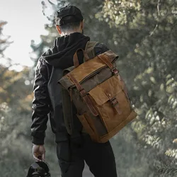 Wax Canvas Backpack genuine leather Outdoor Hiking Bag Waterproof Crazy Horse Leather Men's Bag