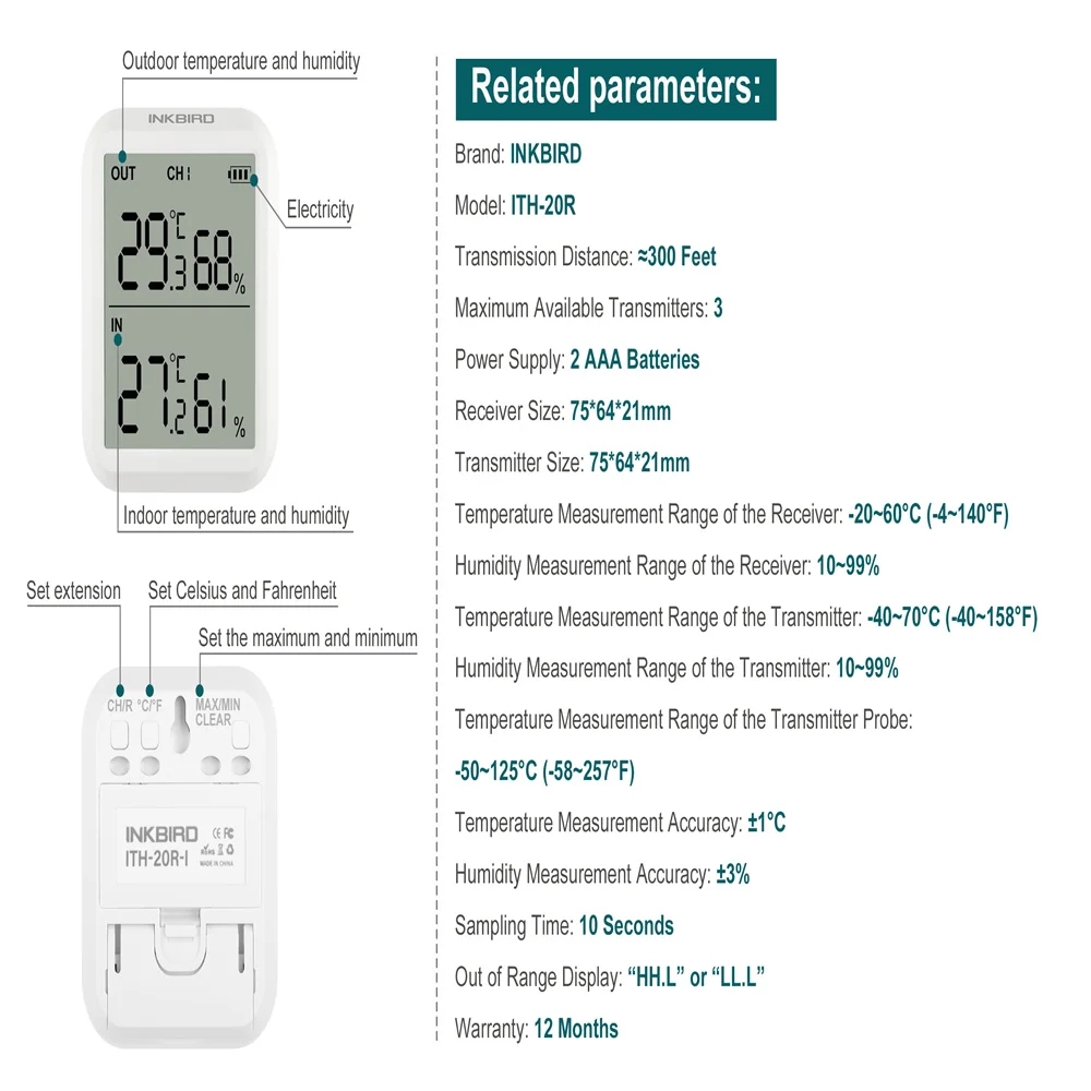 INKBIRD ITH-20R Digital Temperature Humidity Meter Thermometer Hygrometer Indoor Outdoor Weather Station Clock with 3Transimtter