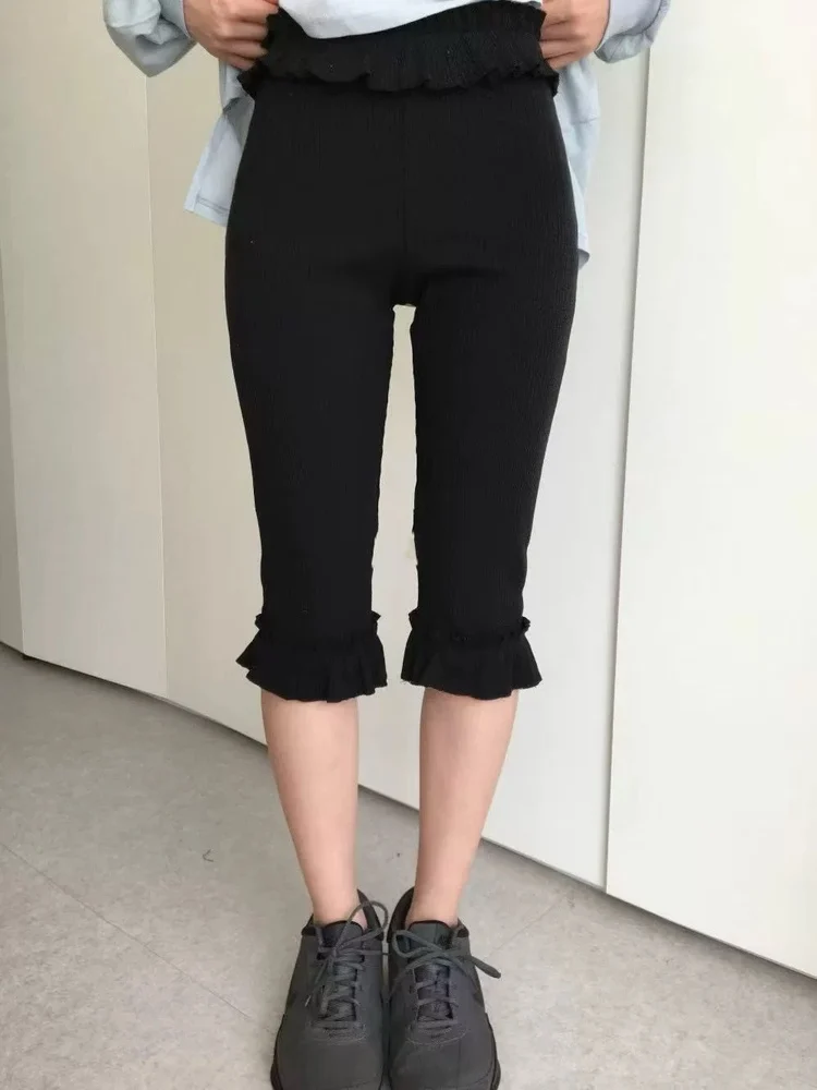 Cintura alta confortável elástico renda guarnição design calças de cinco quartos japonês sle meninas casual solto ajuste queimado calças