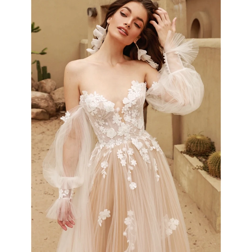 섹시한 샴페인 색상의 스위트하트 네크라인 아플리케 장식의 일루젼 이브닝 드레스 2025 플로어 기장 스윕 트레인 A라인 오픈 백 브라이덜 가운