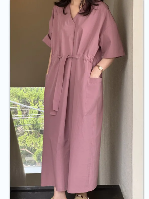 

Новое женское хлопковое платье А-силуэта с V-образным вырезом и коротким рукавом, приталенное, миди, в корейском стиле, свободного кроя, больших размеров, универсальное, модное