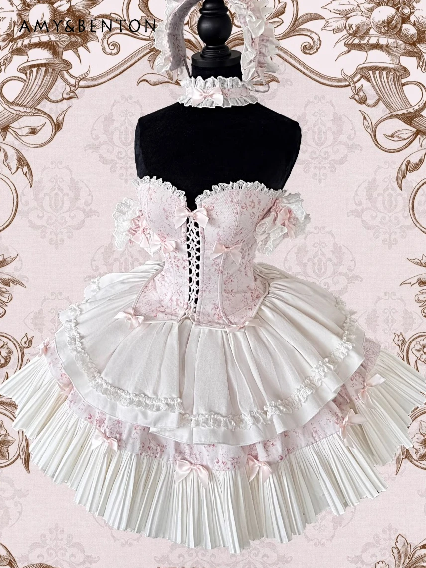

Elegant Ballet Style Princess Tutu Dress High Sense Retro Flower Print Off Shoulder Fishbone Top Cake Skirt Sets Evening Dresses