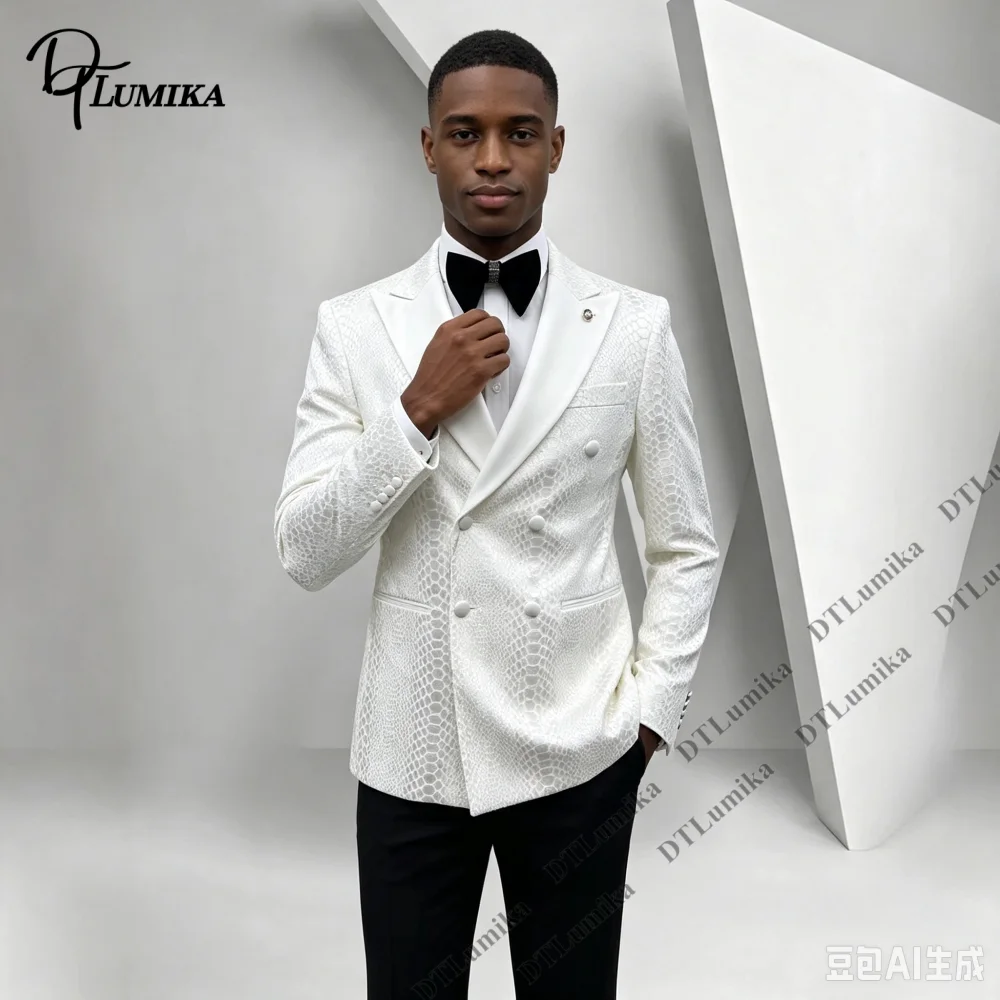 Modern Snake Skin Embossed Men's 2 Piece Suit Double Breasted Peak Lapel Slim Fit Tuxedo Wedding Groom Suits Jacket Pants XS-3XL