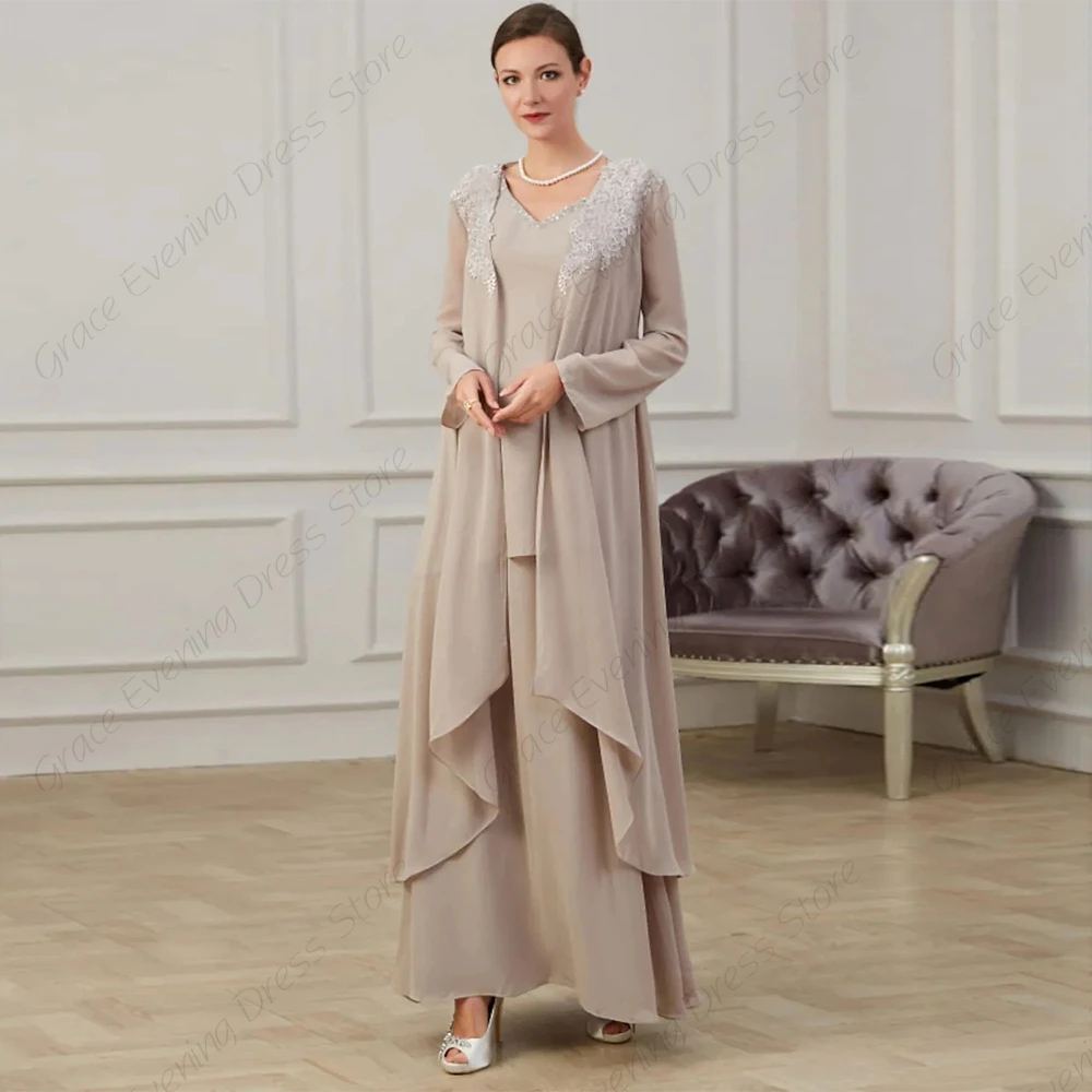 Comprimento do tornozelo Charmpagne Mãe da Noiva Vestidos com Renda Full Sleeve Wedding Party Gown para Casamento 2023 Robe De Soirée Verão