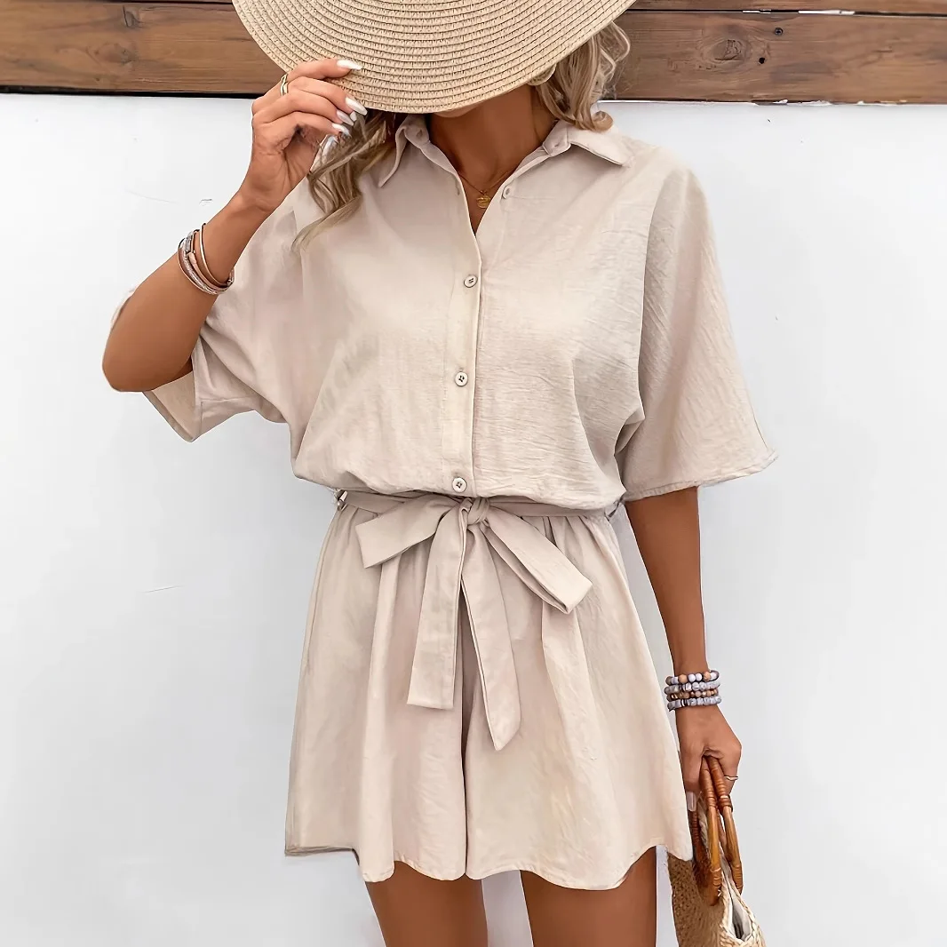 2025 European and American Summer Solid Color Casual Fashion Belt Short-sleeved Jumpsuit Women's Versatile