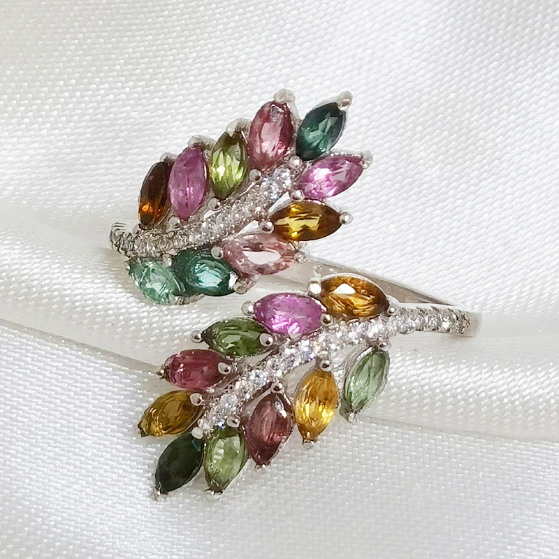 MeiBaPJ Natural Tourmaline Gemstone Fashion Colorful Stone Feather Ring for Women Real 925 Sterling Silver Charm Fine Jewelry