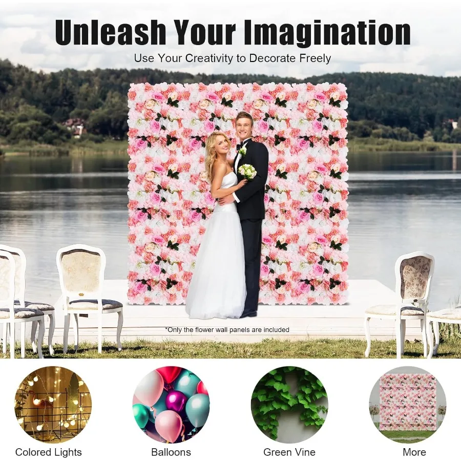 12 حزمة لوحات الحائط زهرة اصطناعية 24x16 الأبيض الوردي فو الورود زهرة اصطناعية خلفية لوحات لحدث حفل زفاف F