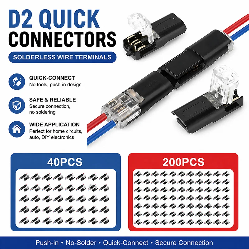 D2 Solderless Quick Connect Wire Terminals 40/200Pcs Set No Tools Push-in Electrical Cable Splice Connector for Car Home Circuit