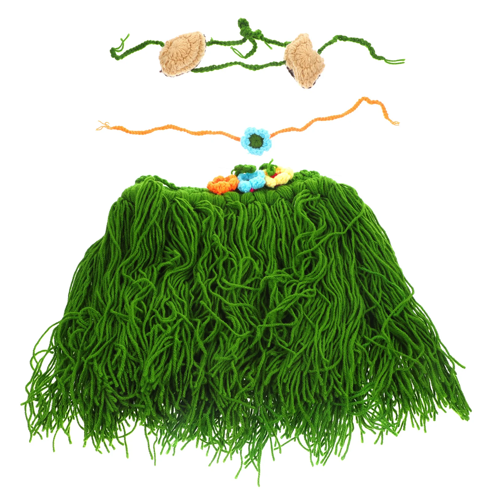 

3 Pieces Handmade Crochet Knit Hawaiian Grass Skirt Set for Photography Props Shower Gifts Summer