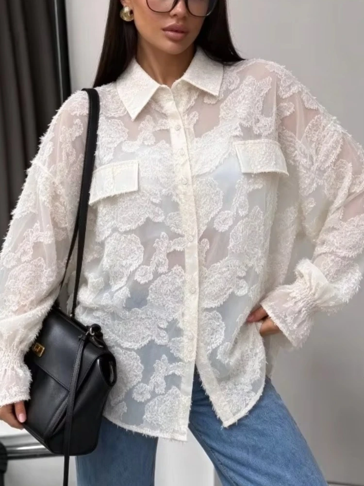 New Women Collared Lace Shirt, Long Flared Smocked Cuffs, 3D Floral Pattern, Loose Elegant Blouse