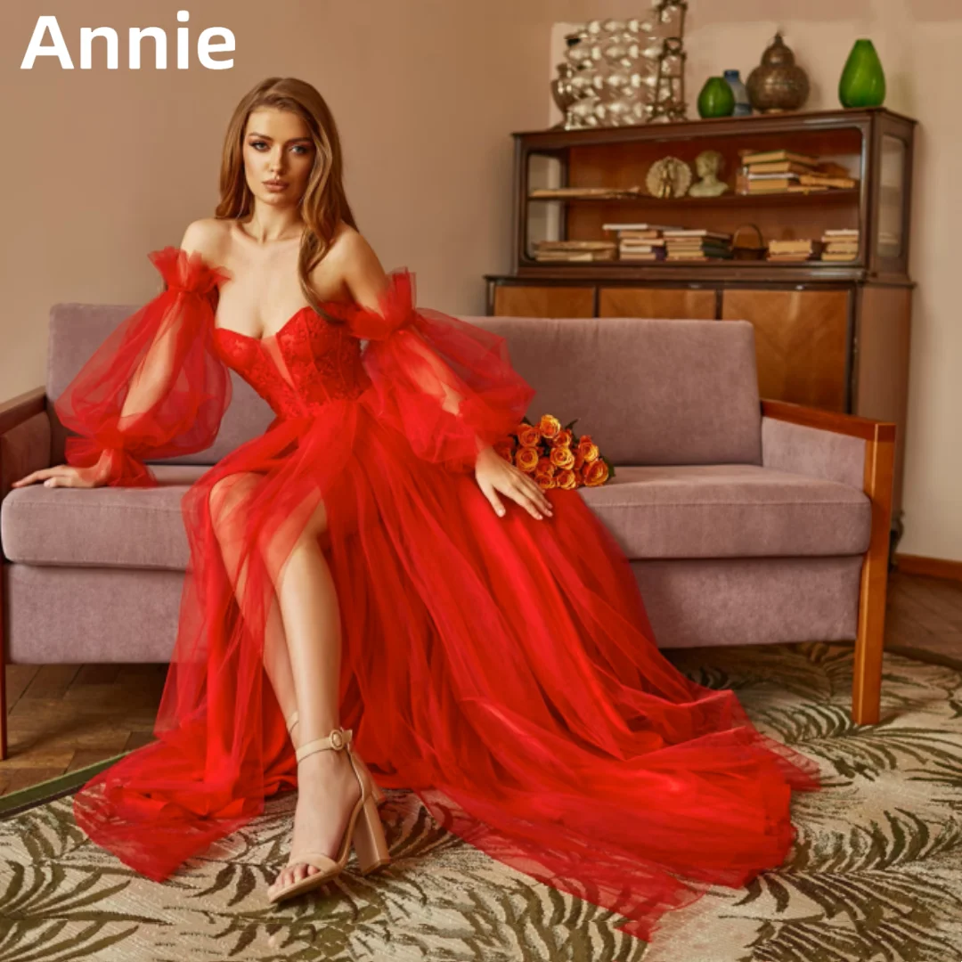 

Annie Red Prom Dresses Wedding Dress Lace Puff Sleeves Evening Dress 2024 فساتين السهرة Sweet A-line Formal Occasions PartyDress