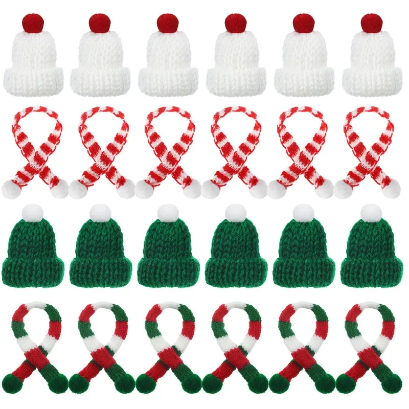 24pcs Mini Christmas Hats Scarf Set Mini Santa Decorations Christmas Tree Ornaments DIY Craft Art Snowman Doll