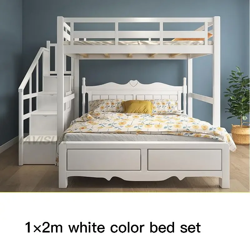 

White Color Staggered Ladder Cabinet Bed German Beech Natural Style Bedroom Furniture Bunk Bed With Drawers For Children