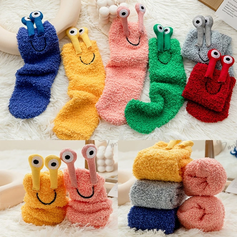 Women Winter Fuzzy Slipper Socks Novelty Funny 3D Cartoon for Frog Eyes Harajuku Bright Solid Color Sleep Stockin