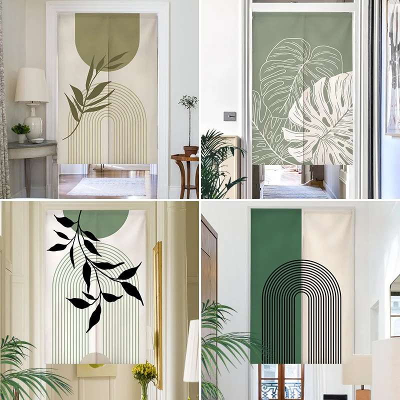 VIKAMA Minimalist Green Plant Print Half-Length Curtain, No-Drill Privacy Curtain, Kitchen and Bedroom Home Decor