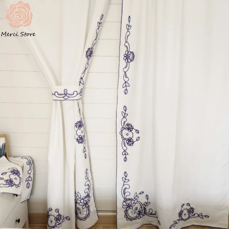

Luxury Pastoral Beautiful Export Original White Embroidery Craft Semi Blackout Curtains for Living Room Bedroom Finished Drapes