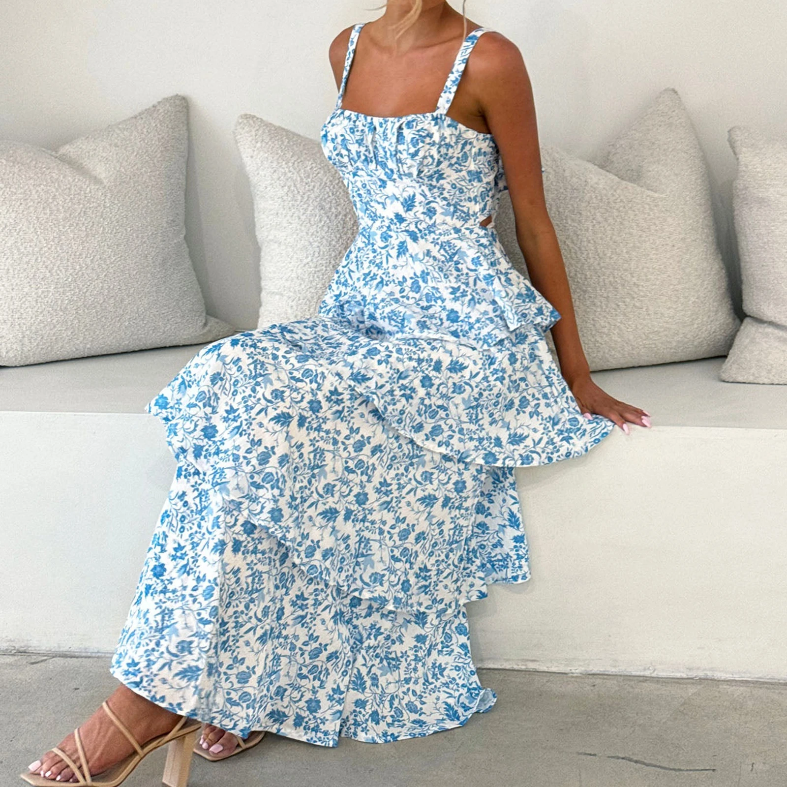 Vrouwen Y2K Ruffle Tiered Flowy Jurken Boho Bloemen Maxi Jurk Spaghetti Ruglooze Voor Strandvakantie Zomerfeest Dagelijkse slijtage